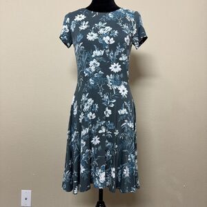 LOFT Dress Womens 2P Petite Blue Floral Fit & Flare Short Sleeve Crisscross Back